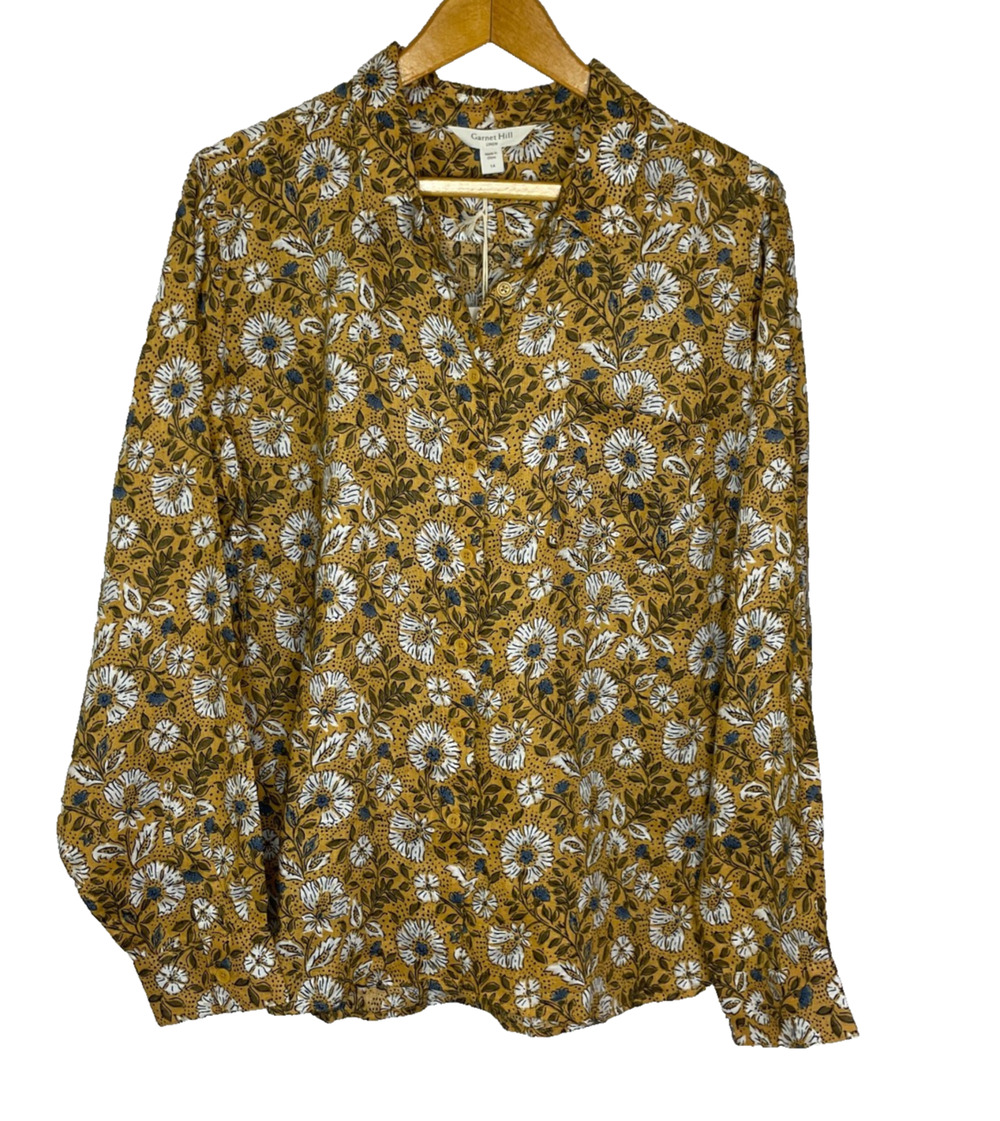 Women's 14 Garnet Hill Yellow Floral 100% Linen Button Down Shirt